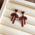 Burgundy Red Enamel Bow Heart Flower Pearl Earrings view 4