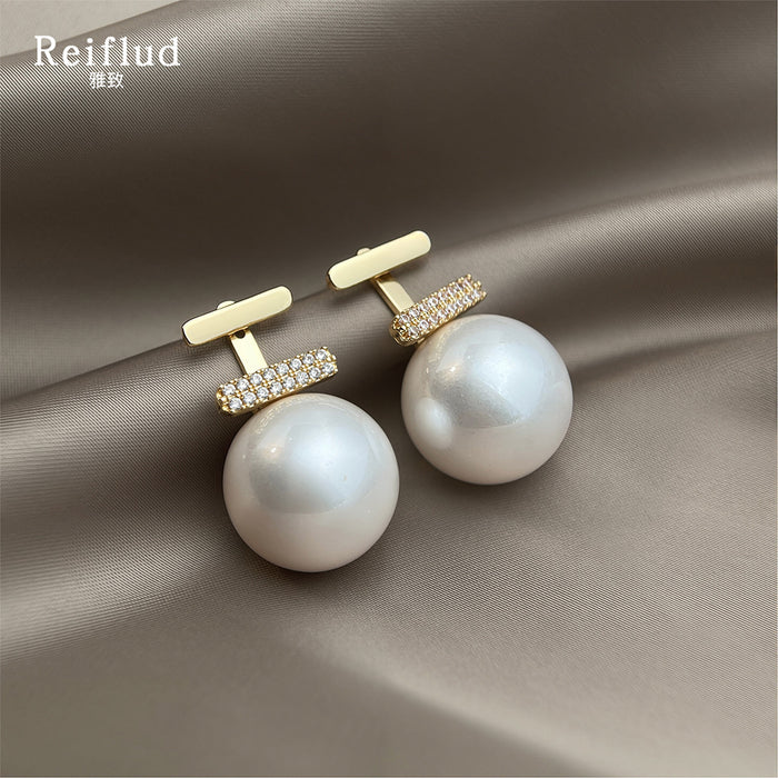 Gold Double Bar Pave Large White Pearl Drop Earrings