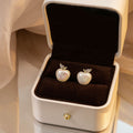 Cream Pearl Apple Stud Earrings Crystal Leaf Gold Stem view 2