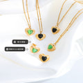 Gold Heart Green Cat Eye Black Glass Pendant Necklace Stud Earrings view 2