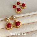 Gold Wine Red Cabochon Double Drop Earrings Twisted Frames view 3