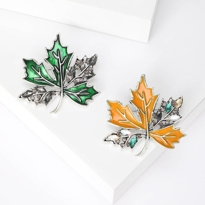 Maple Leaf Brooch With Crystal Side Leaves in Green or Orange