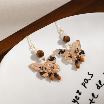 Beige Butterfly Print Brown Bead Long Hook Earrings