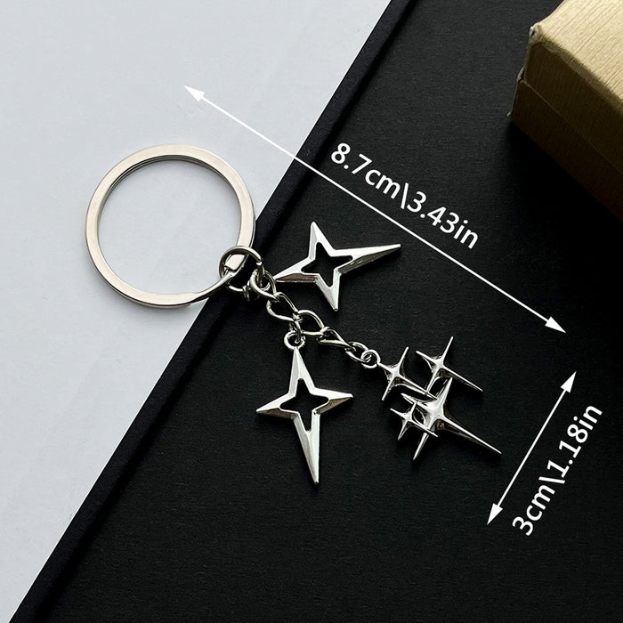 Silver Tone Four Point Star Cluster Keychain with Metal Hardware