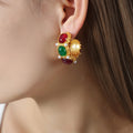 Gold Textured Hoop Earrings Red Green Blue Resin Pearl Accents view 1