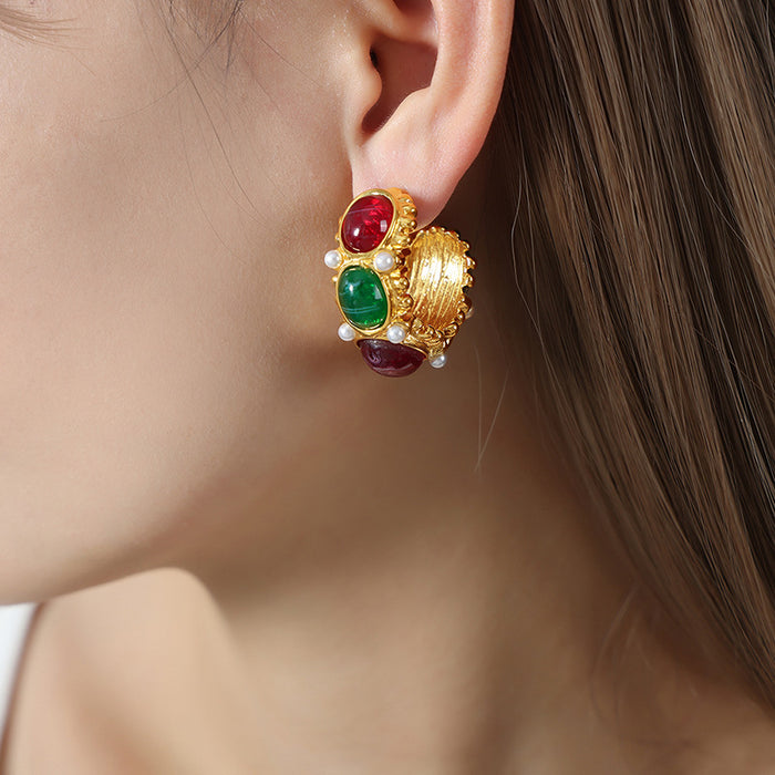 Gold Textured Hoop Earrings Red Green Blue Resin Pearl Accents