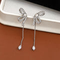 Silver Bow Clear Look Teardrop Long Chain Stud Earrings view 6