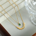 Gold Double Layer Necklace Green Rectangle Pendant Cube Beads view 2