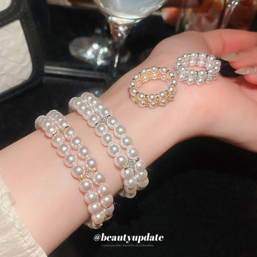 Double Row Pearl Bracelets and Matching Pearl Band Rings