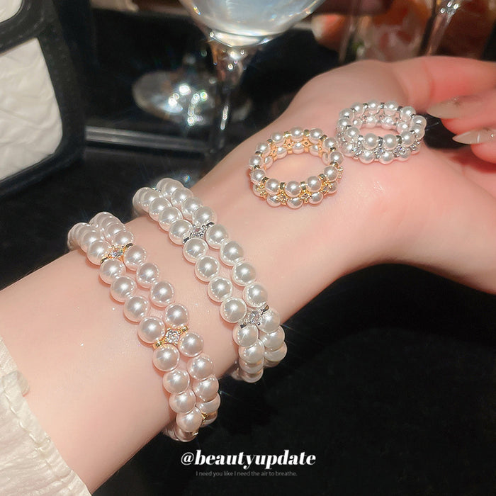 Double Row Pearl Bracelets and Matching Pearl Band Rings