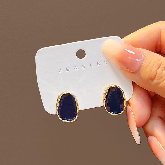 Navy Blue Enamel Irregular Geometric Gold Stud Earrings