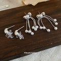 Silver Bow Pearl Tassel Stud Earrings Fashion Jewelry view 4