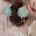 Pale Mint Mesh Flower Pearl Like Necklace And Earring Options view 3