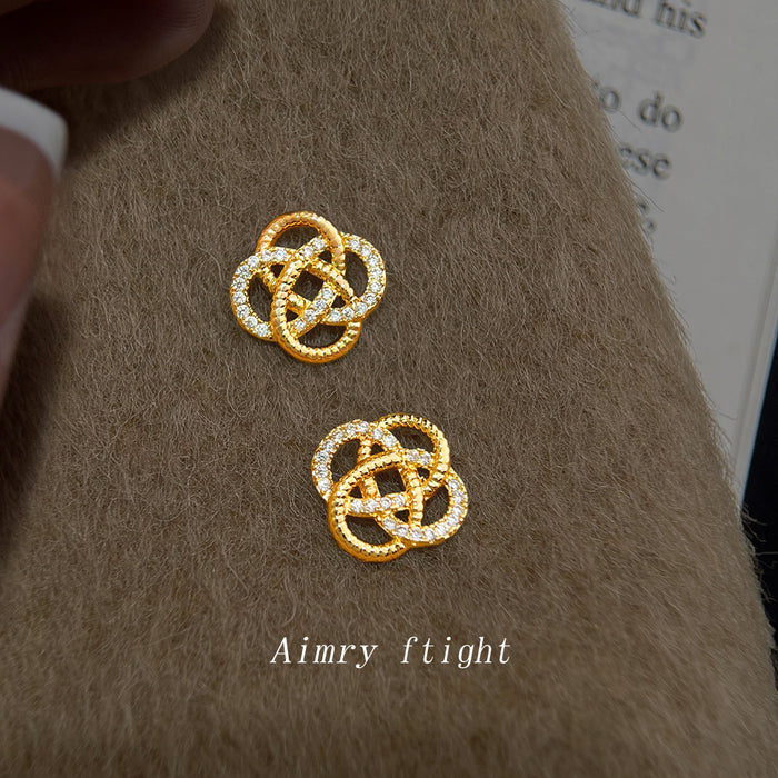Gold Interlocked Rope Knot Pave Crystal Stud Earrings