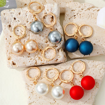 Gold Tone Huggie Drop Earrings with Large Satin Look Beads