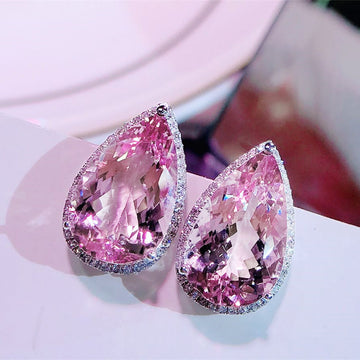 Silver Tone Pink Pear Teardrop Halo Clear Stud Earrings