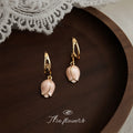 Gold Huggie Hoop Pink Enamel Tulip Charm Drop Earrings view 4