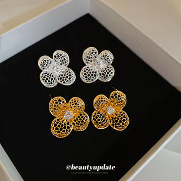 Openwork Four Petal Flower Stud Earrings in Two Finishes