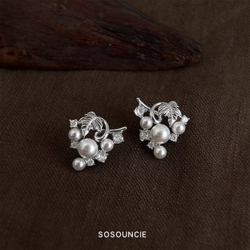 Silver Tone Sculpted Vine Pearl Cluster Stud Earrings For Women