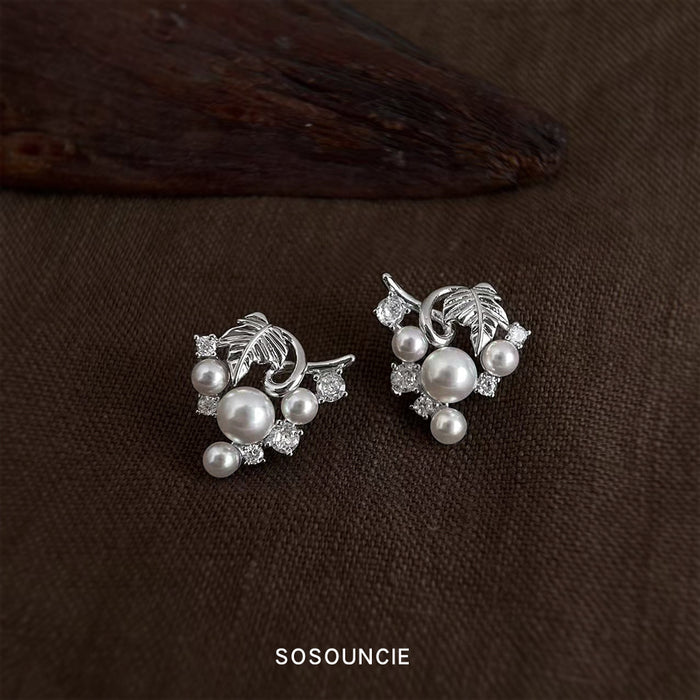 Silver Tone Sculpted Vine Pearl Cluster Stud Earrings For Women