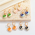 Gold Tone Enamel Yin Yang Heart Huggie Drop Earrings in Five Colors view 1