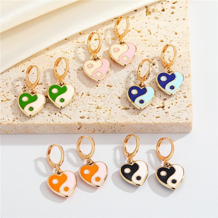 Gold Tone Enamel Yin Yang Heart Huggie Drop Earrings in Five Colors