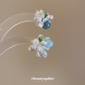 Silver Tone Flower Stud Earrings with Green and Blue Beads view 4