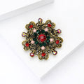 Antique Gold Openwork Floral Brooch Red Green Crystals view 4