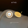 Gold Tone Large White Pearl And Small Pearl Halo Stud Earrings view 4