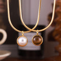Gold Snake Chain Necklace Round Bezel Pendant Tiger Eye Or Pearl view 4