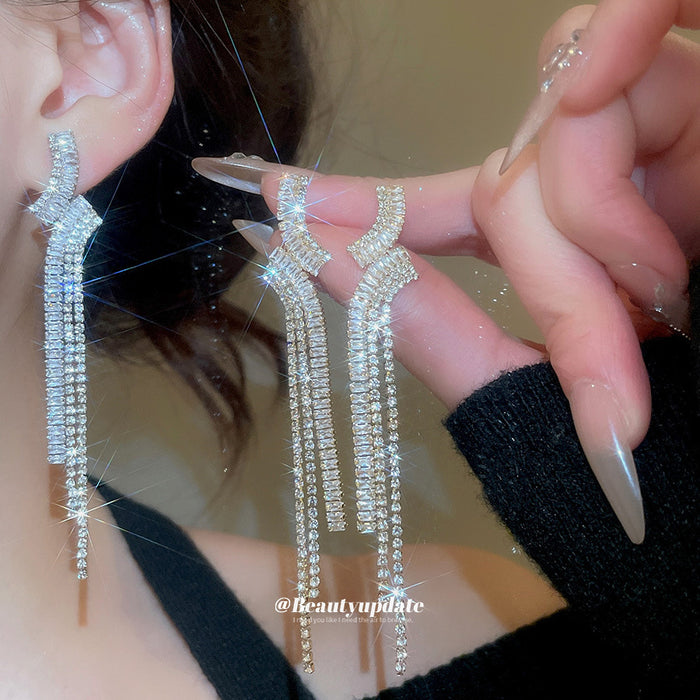 Crystal Wave and Chain Tassel Drop Earrings in Two Tones
