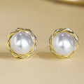 Gold Tone Rope Frame Faux Pearl Round Stud Earrings view 1