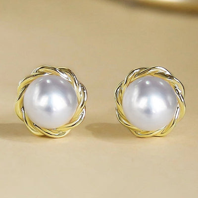 Alternate product view of gold tone rope frame faux pearl round stud earrings