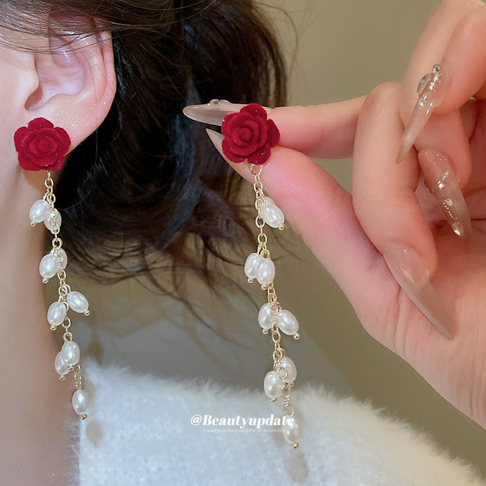 Red Rose Pearl Branch Drop Earrings with Distinctive Textured Details