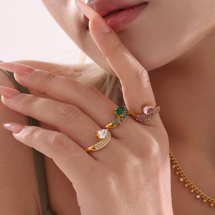 Open Side Zircon Ring Teardrop Stone Pave Band Design