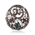 Antique Tone Round Filigree Brooch With Red And Green Stones view 1