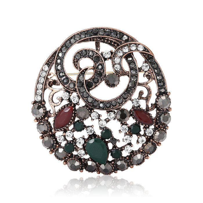 Antique Tone Round Filigree Brooch With Red And Green Stones