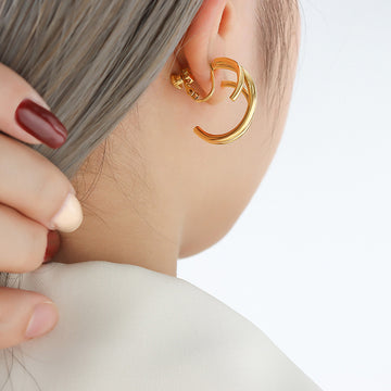Double Layer C-Shape Geometric Clip-On Earrings Gold Steel