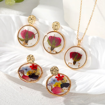 Gold Tone Pressed Flower Resin Necklace and Earring Options