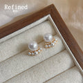Gold Pearl Crown Stud Earrings Pavé Arc Mini Pearls view 4
