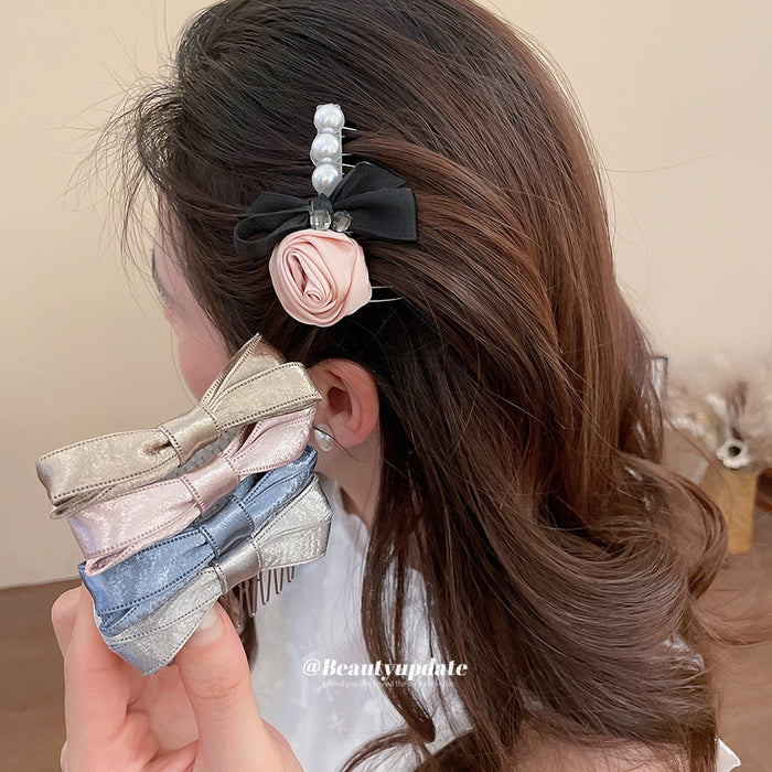 Satin Bow And Rose Pearl Metal Comb Hair Accessories