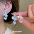Pastel Crystal Flower Drop Earrings in Pink and Blue view 1