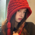 Chunky Ribbed Knit Earflap Hat With Long Braided Ties view 3