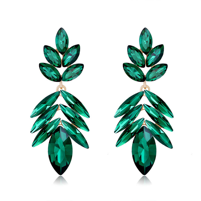 Aqua Green Green Layered Leaf Openwork Crystal Four Designs Metal Dangle Earrings