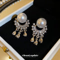White Pearl Silver Crystal Fringe Statement Stud Earrings view 3