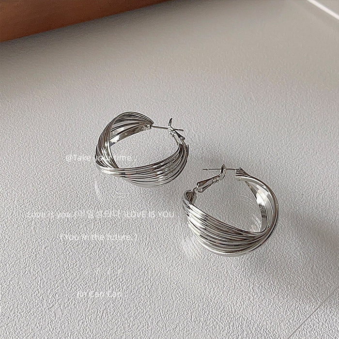 Silver Tone Multi Wire Wrapped Round Hoop Earrings For Women