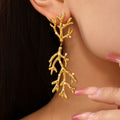 Coral Branch Pearl Texture Drop Earrings Gold Steel view 3
