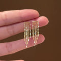 Gold Tone Fine Chain Fringe Rectangular Bar Stud Earrings view 3