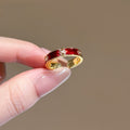Gold Tone Red Enamel CZ Yuanbao Motif Open Band Ring view 6