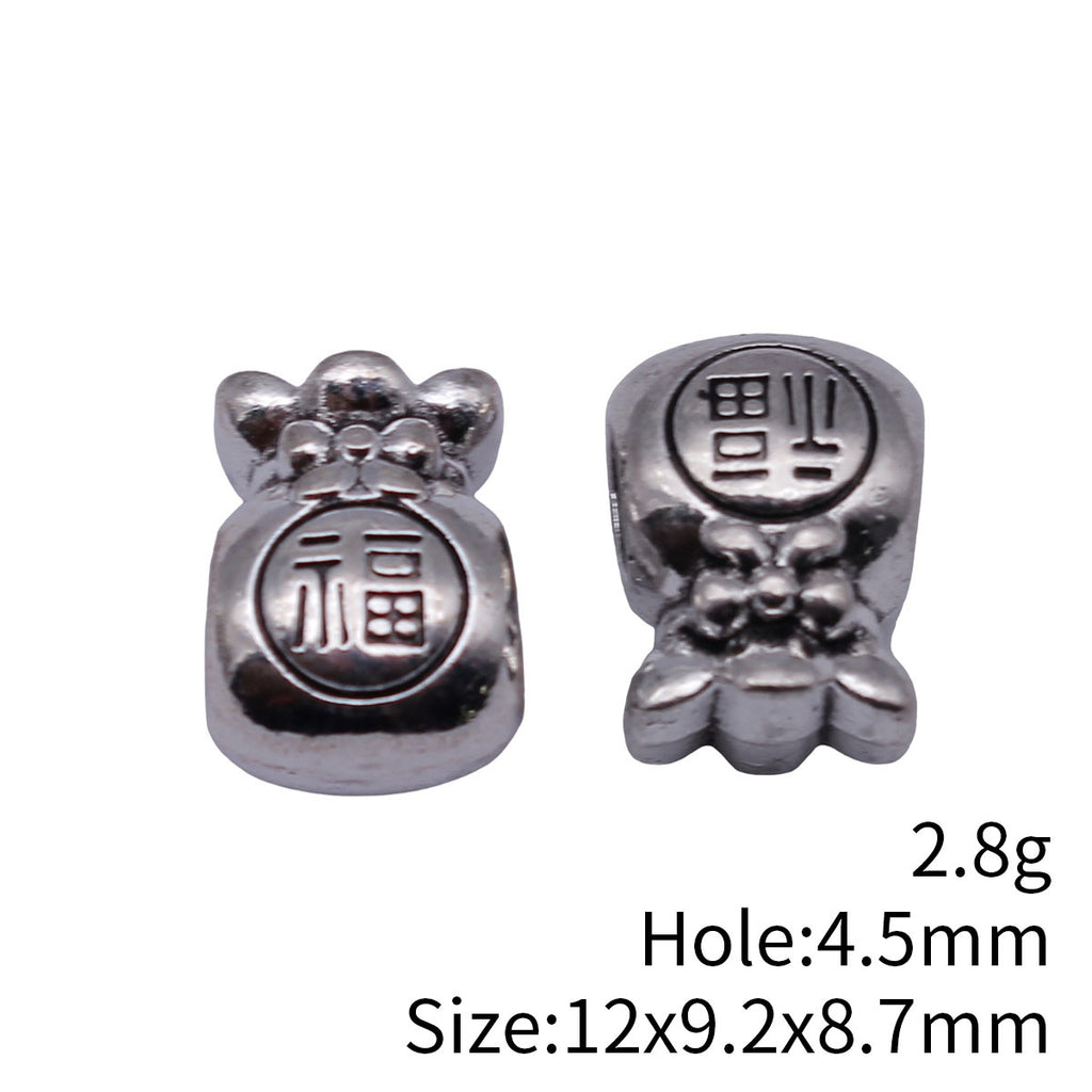 12x9.2x8.7mm 2.8g Antique Silver Zinc Alloy Lucky Bag Fu Character Large Hole Double Sided Beads for Bracelet Making